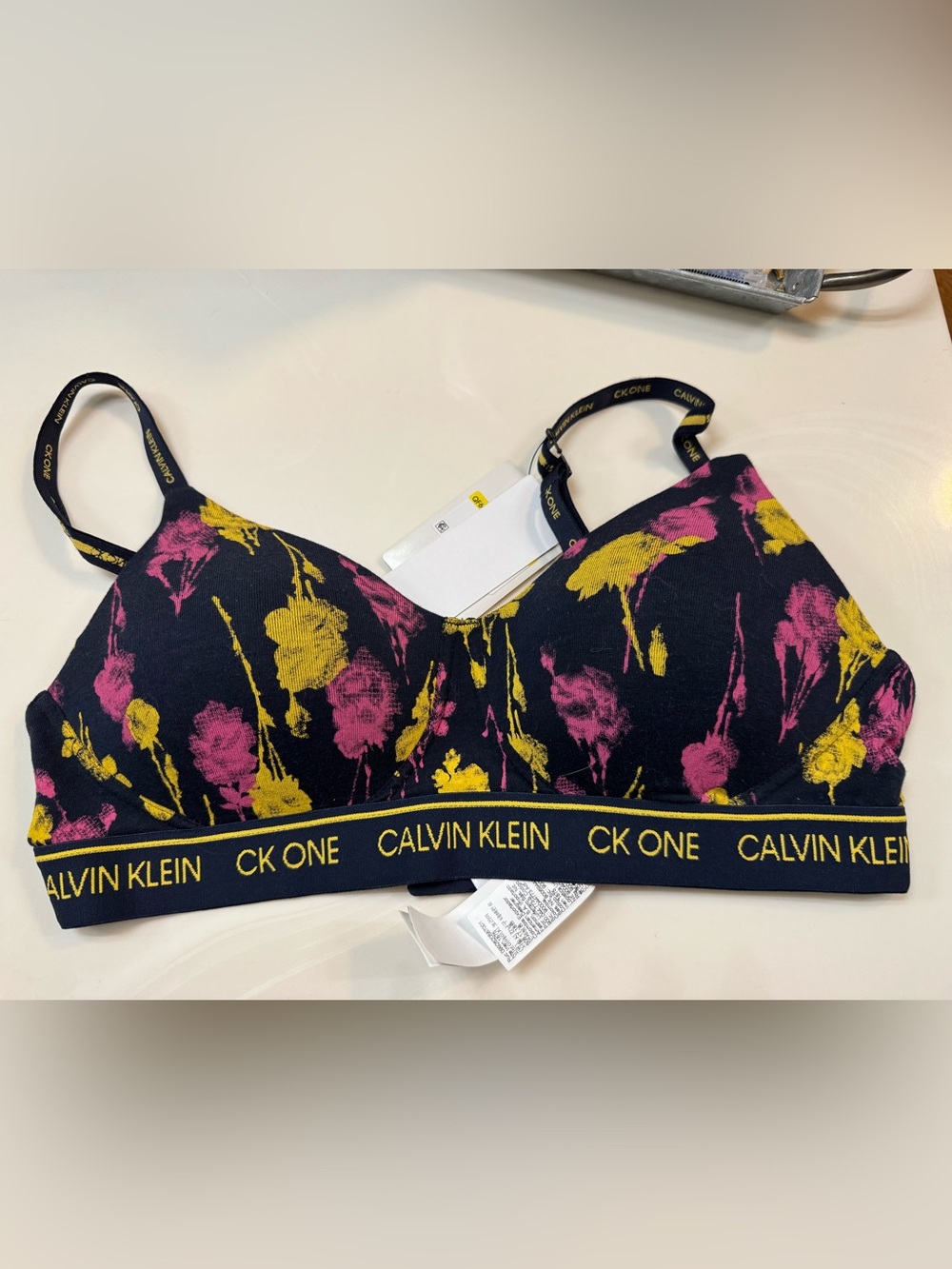 Calvin Klein Floral Wireless Bralette in Navy with Pink & Yellow